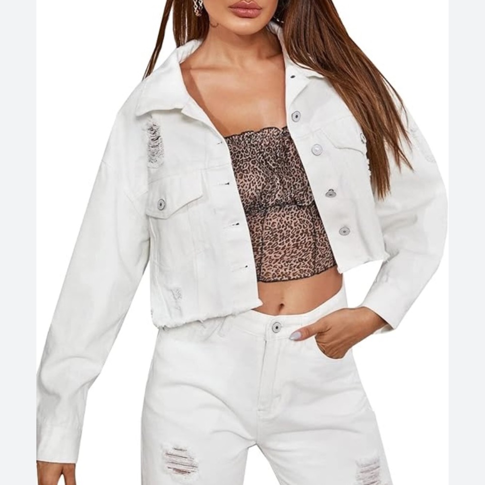 SHEIN White Jean Distressed Denim Crop Jacket S NWOT